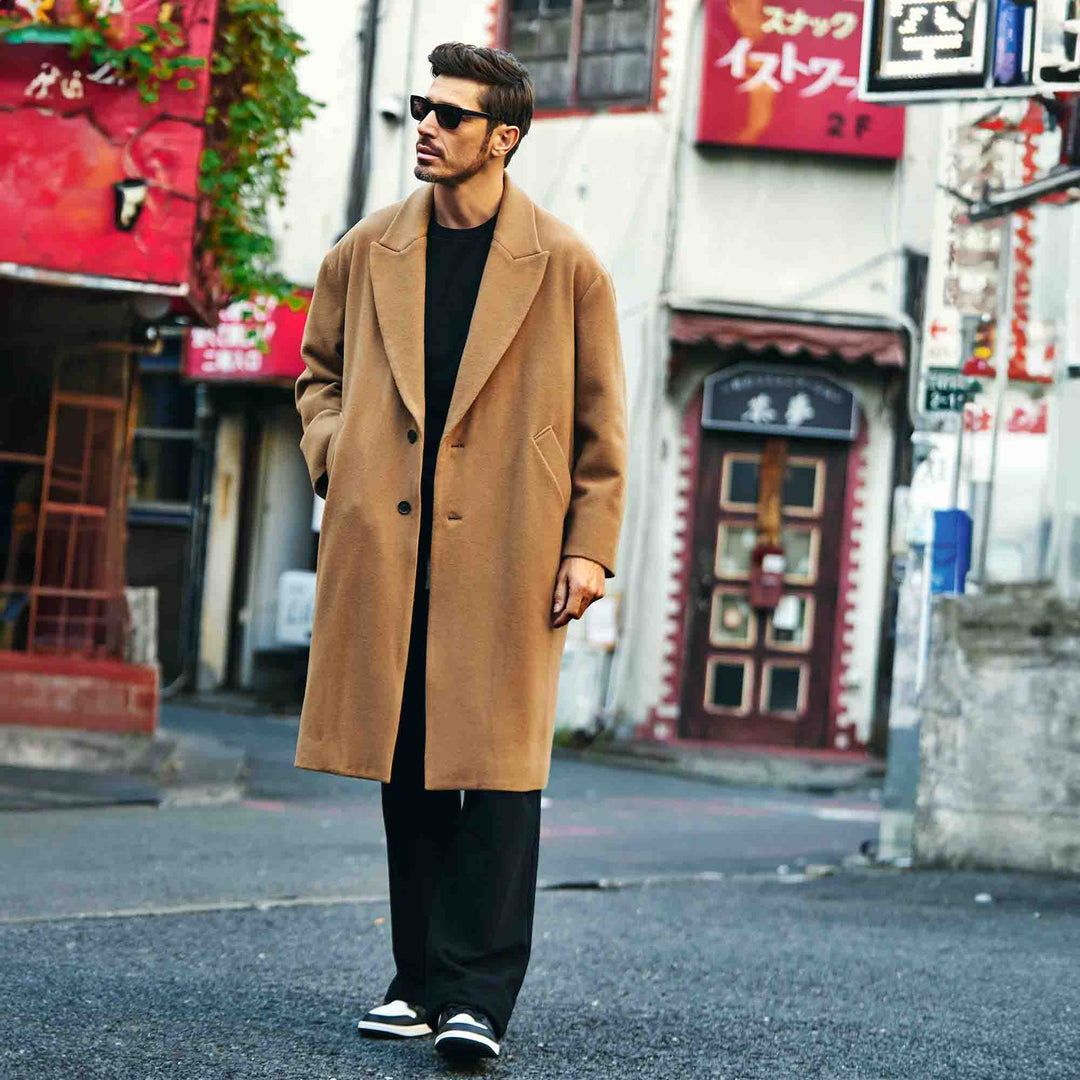 ロングチェスターコート「SHANKS TOKYO(シャンクス トーキョー)」キャメル　着用モデル