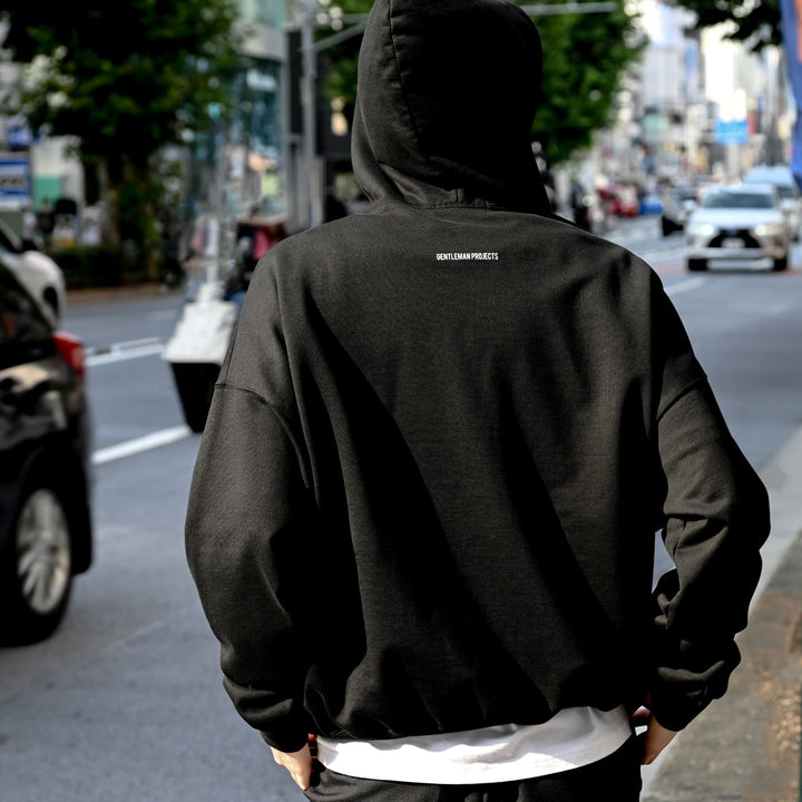 Jet black short-length BIG hoodie "Gary Noir"