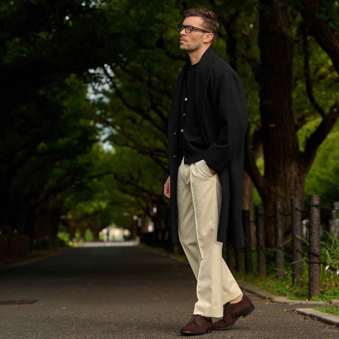 ロングチェスターコート「SHANKS TOKYO(シャンクス トーキョー)」ブラック　着用モデル