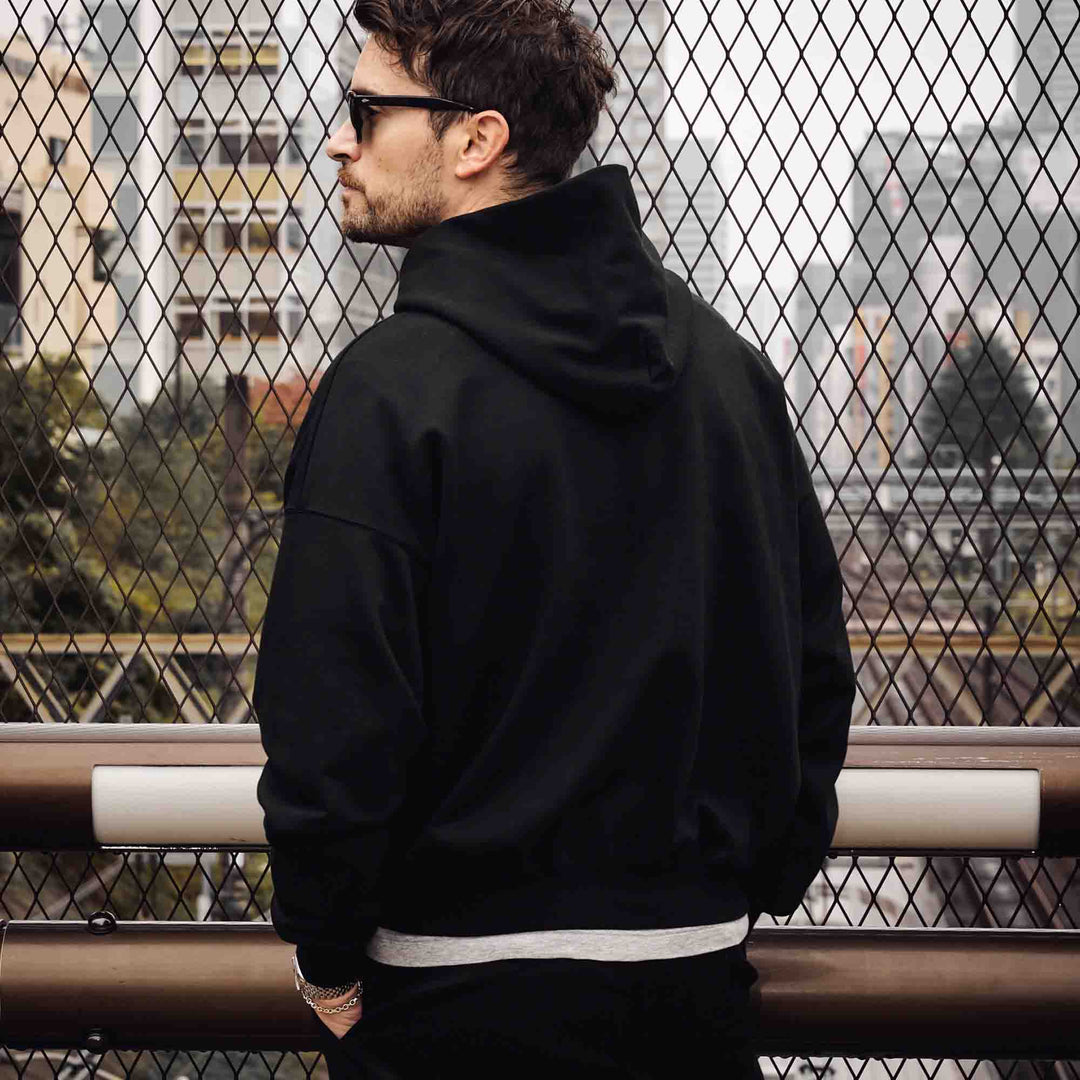 Jet black short-length BIG hoodie "Gary Noir"