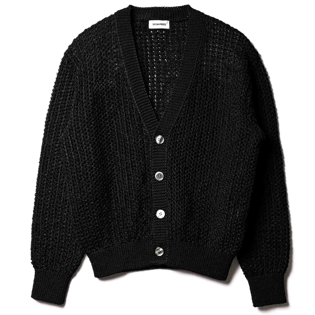 ザク編みカーディガン「ZEN(ゼン)」ブラック　フロント　物カット