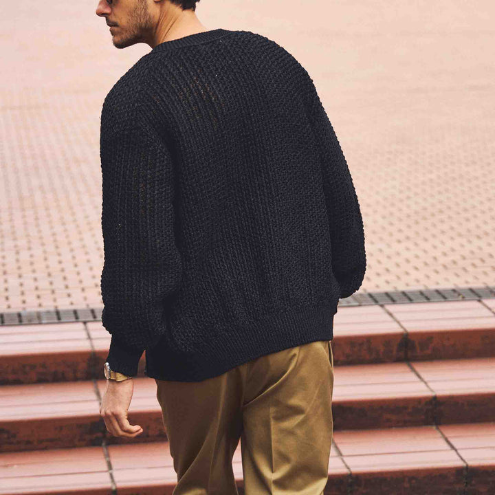 ザク編みカーディガン「ZEN(ゼン)」ブラック　着用モデル　バック　ディテール